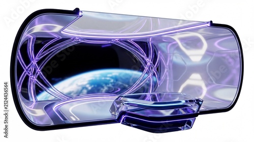 Futuristic design concepts, a sleek spacecraft interior reveals a panoramic view of earth, enhanced by ultraviolet glows and advanced technology