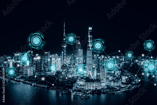 Canvas Print Urban skyline night view - Internet big data concept