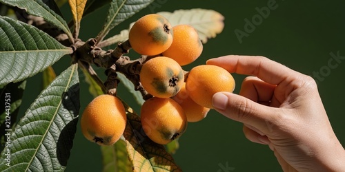 A person harvesting fresh ripe loquat fruits from a tree branch in an orchard, representing organic farming, agriculture, and healthy eating
