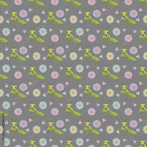 Konstfotografi Cute Green Praying Mantis with Pastel Daisy Flowers Seamless Pattern Hand Drawn