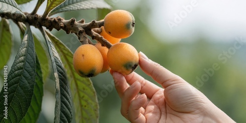 Woman picking ripe loquat fruits from tree branch in orchard for harvesting fresh organic produce and healthy nutrition concept