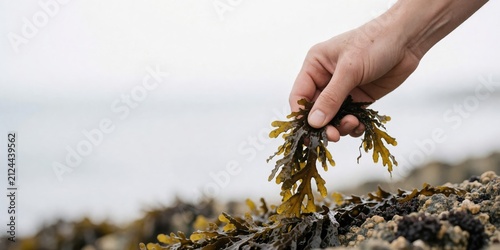Person foraging fresh bladderwrack seaweed on a rocky ocean shore representing sustainable coastal harvesting and wild food gathering