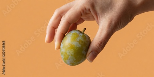 A person holding a fresh green gage plum fruit in hand against an orange background representing healthy eating and fresh produce concepts.