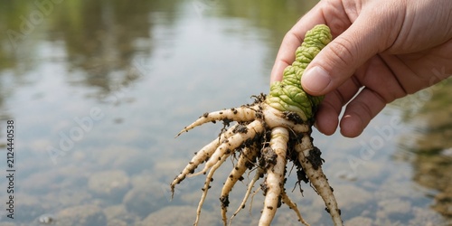 Mandrake root held by a hand near water representing magic herb lore herbalism fantasy mythology and medieval botany for herbal medicine concepts