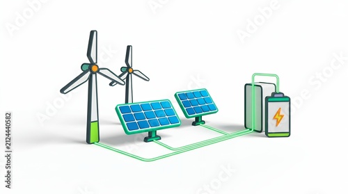 Renewable energy system with solar panels and wind turbines. Green power grid infrastructure.
