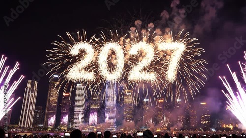 Fireworks Spelling 2027 over City Skyline
