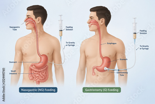 AI generated enteral feeding tube medical infographic comparing nasogastric gastrostomy nutrition methods labeled digestive anatomy for healthcare education isolated background