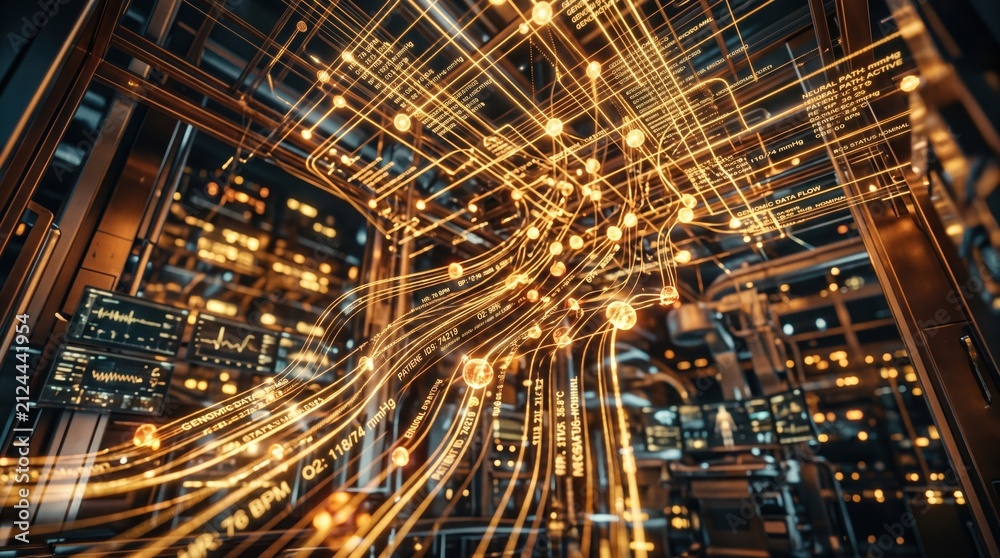 Fototapeta premium Futuristic Data Center with Glowing Fiber Optic Cables and Digital Connectivity Streams for AI and Cloud Computing