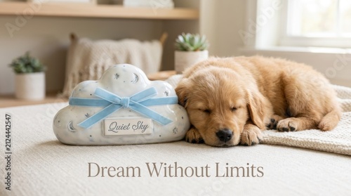 Peaceful golden retriever puppy sleeping near a white cloud shaped pet urn with blue ribbon, showcasing a heartwarming memorial tribute for a lost companion dog while offering comfort and deep solace.