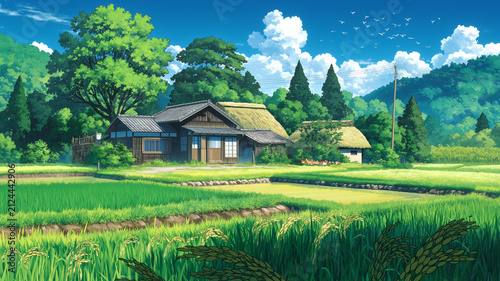 田んぼと木造住宅が広がる日本の田舎の風景イラスト