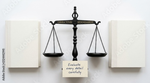 Professional black justice scales with objective standards text positioned between white books on a clean background, portraying impartial judgment and careful evaluation for legal concepts right here