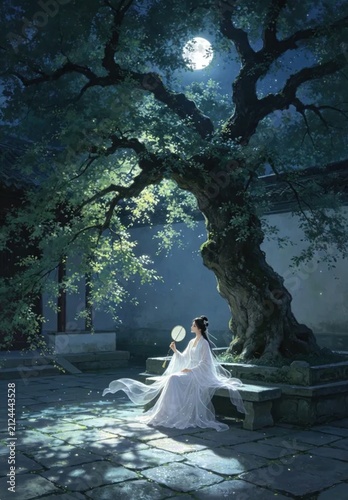 Chinese style night courtyard scene, full moon, ancient locust tree, maiden in gauze costume enjoying cool night, tranquil classical illustration