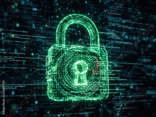 Glowing green padlock icon formed by binary code on a digital screen, symbolizing cybersecurity and protection