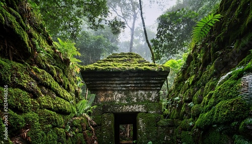 overgrown stone structure consumed by vibrant moss and lush jungle foliage