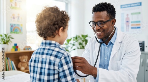 Friendly black male pediatrician examines a young boy using a stethoscope in a bright clinic office. This professional medical checkup showcases trust, quality healthcare, and pediatric