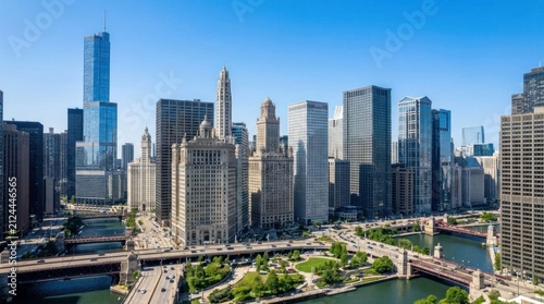 High angle view of Chicago city skyline and river during daytime.