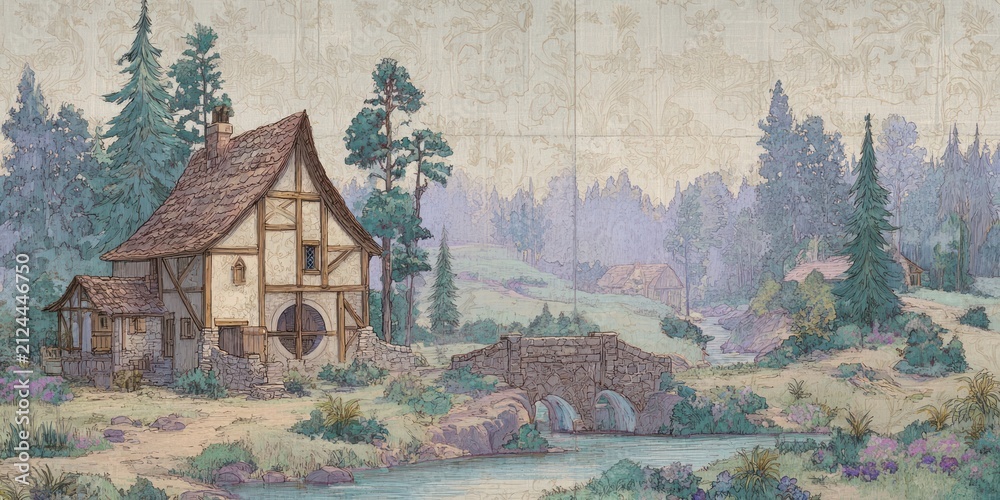 Obraz premium Rustic cottage landscape with bridge, forest, and misty hills