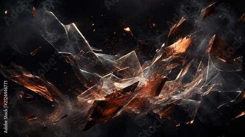 Explosion de fragments de verre et de cuivre sur fond noir