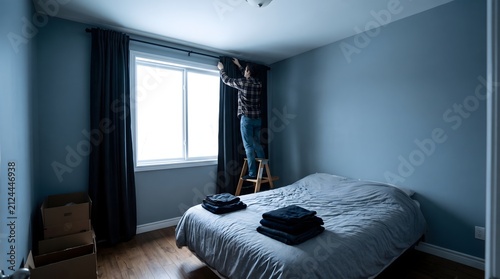 A man stands on a ladder, hanging dark curtains in a bedroom with a newly made bed and cardboard boxes.