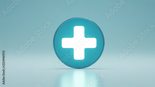 A white plus sign icon is centered on a glossy teal circular button against a soft.