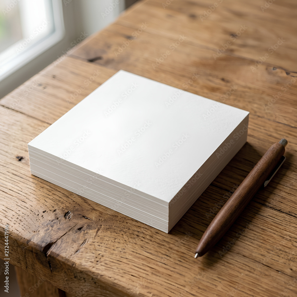 Fototapeta premium Blank White Sticky Notes on Wooden Surface with Pen.