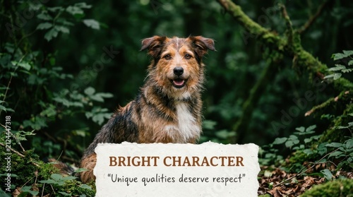 Loyal and happy mixed breed terrier dog sitting calmly in a lush, green forest setting with a paper banner quote about unique qualities and bright character, perfect for animal welfare and pet lovers.
