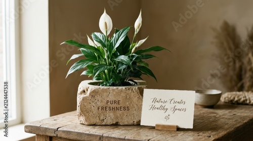 Lush peace lily plant blooms inside a stone pot on a rustic wooden table next to a card. This serene scene promotes natural wellness and healthy living environments for home decor and air