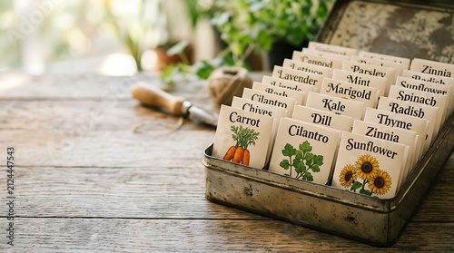 Organized seed packets in a vintage tin box on a wooden table