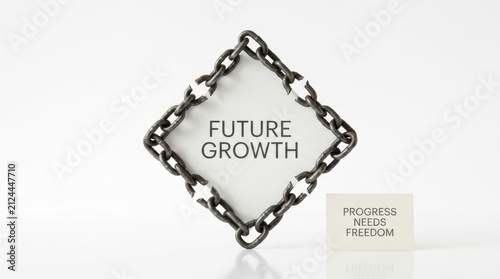 Metaphorical representation of future growth through broken metal chains surrounding a text message while a smaller card states progress needs freedom for success in professional business settings. PS