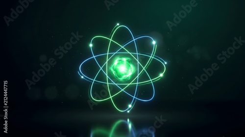 Glowing green atom model representing quantum physics and energy