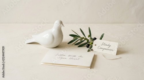 Minimalist composition featuring a white ceramic dove with olive branch and heartfelt message cards saying steady compassion and listen with an open heart on a creamy background for a serene ambiance.