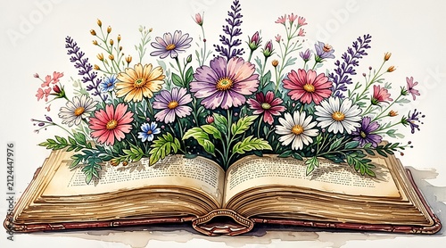 Vibrant wildflowers and colorful daisies blooming from the pages of an antique open book