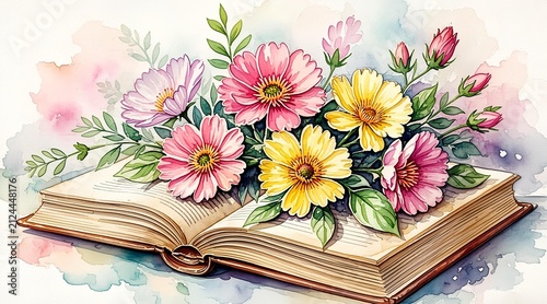 Open book with colorful spring flowers watercolor illustration