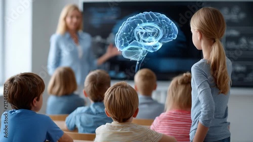 Learning About the Brain: A teacher presents a holographic image of the human brain to young students in a classroom setting, sparking curiosity and a desire to learn about science and biology.