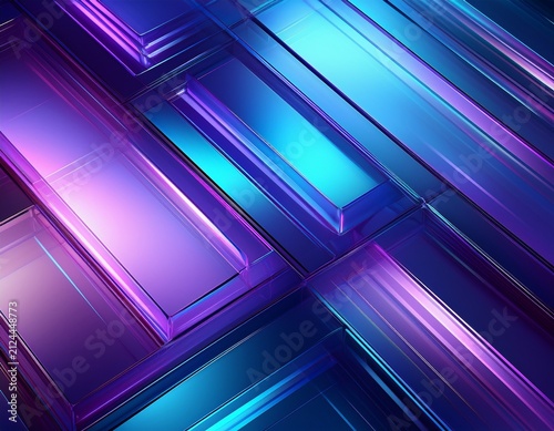 tech inspired abstract gradient showcasing blue and purple glass textures futuristic 3d geometric shapes with ribbed patterns neon light reflections and minimal modern design aesthetic