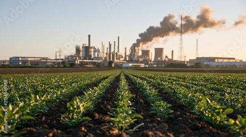 Environmental Contrast View of Green Crop Rows Leading Toward a Smoking Industrial Factory Across a Flat Agricultural Landscape