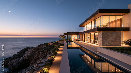 Luxury Modern Villa Built Along a Rocky Ocean Coast Showing High End Contemporary Residential Architecture With an Illuminated Infinity Pool at Twilight