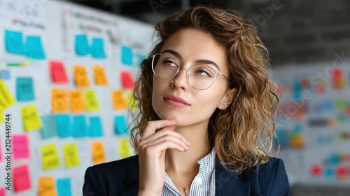 Thoughtful Entrepreneur: A focused businesswoman with glasses contemplates her next move, her gaze directed upward as she stands before a vibrant wall adorned with colorful sticky notes.