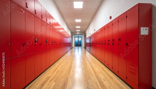 Empty factory rows of red lockers on both sides and polished wooden floors