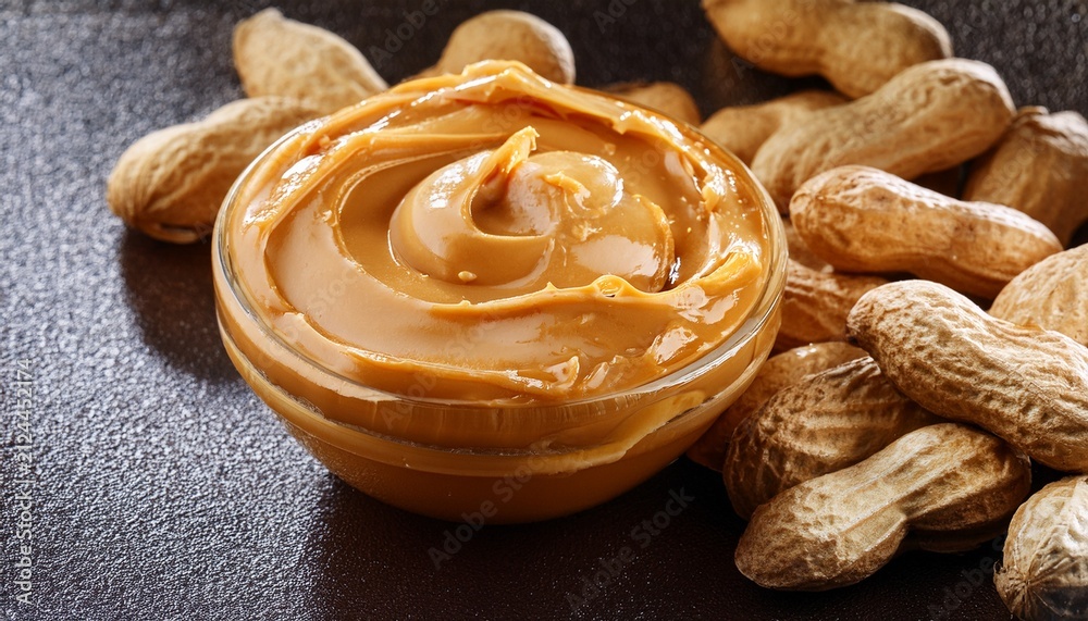 Fototapeta premium close up of tasty creamy peanut butter with peanut nuts food background with free place for text