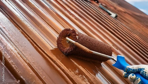 paint the tin metal roof with a roller and brown paint rusty house roofing restoration