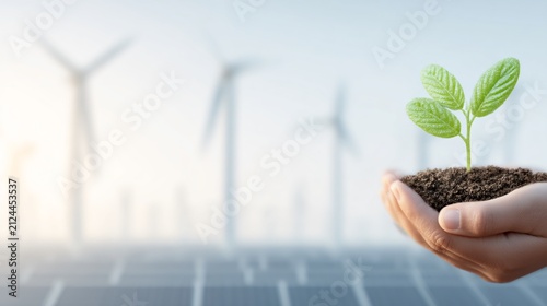 ESG sustainability concept, human hand holding plant, wind farm and solar energy background
