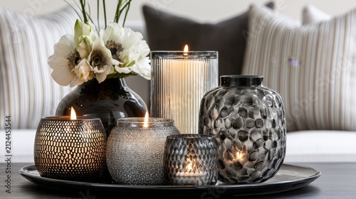 Elegant Arrangement of Scented Candles and Floral Centerpiece on Modern Table Display in Cozy Living Room Setting