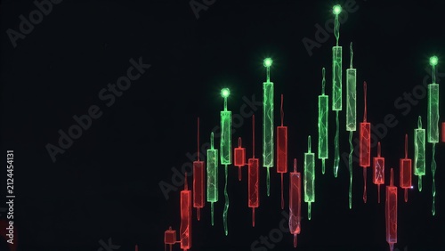 Crypto chart with green and red candles, cannabis leaf icons glowing against dark background.