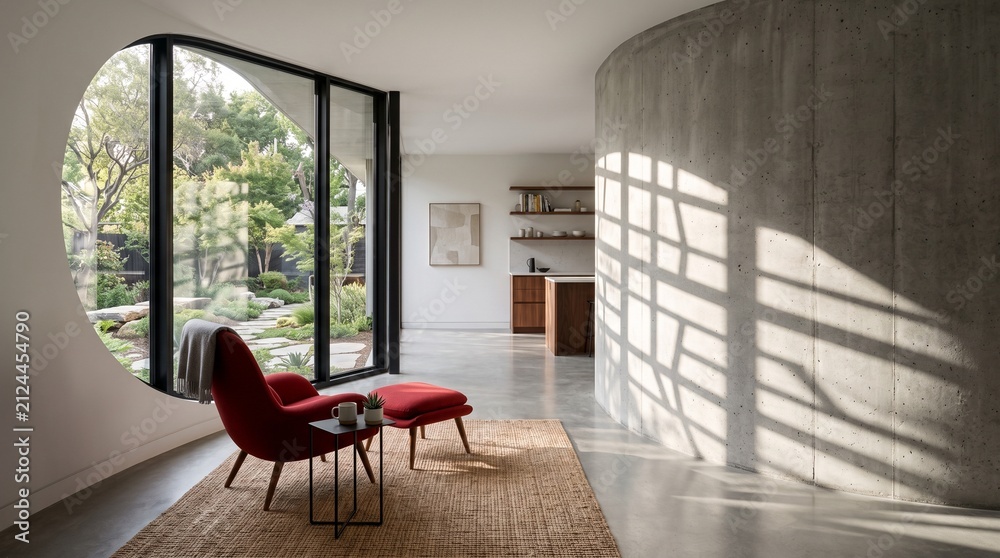 Fototapeta premium Modern interior design with red chair and garden view in minimalist space