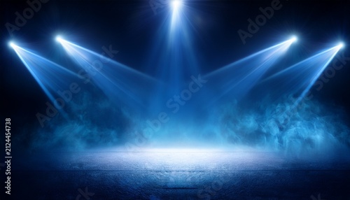 high definition photo of free stage with lights and smoke empty stage with blue spotlights conser show party presentation concept dark navy blue spotlight strike on black