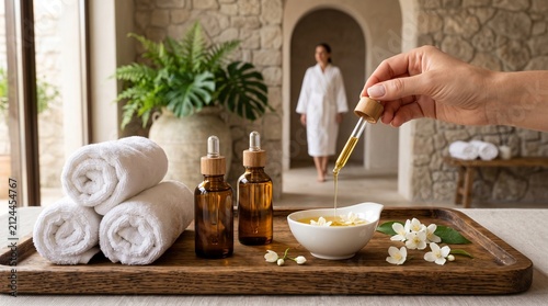 Relaxing spa scene with essential oils and towels in tranquil environment