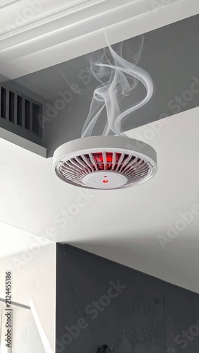 Modern ceiling-mounted device emits smoke and red light