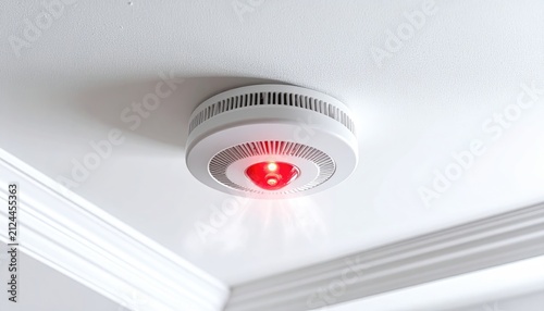 White ceiling smoke detector with red flashing light and wisps of smoke