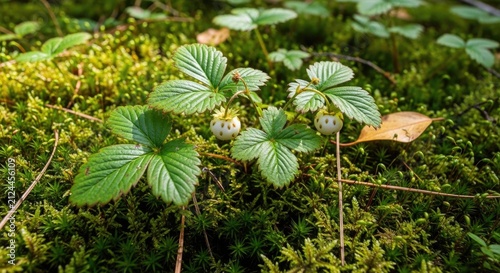 wild strawberry plant with green leaves and white berries on moss